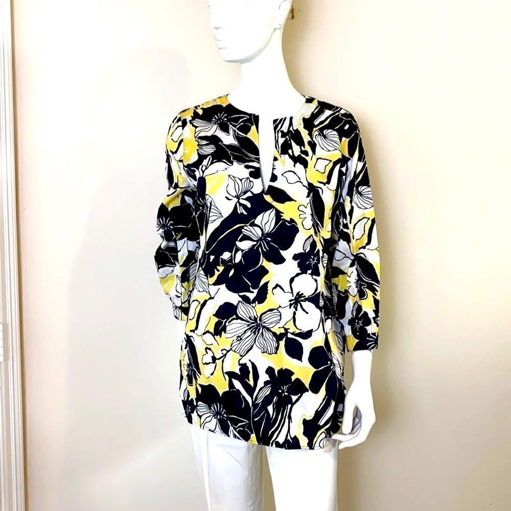 Ralph Lauren Chaps Black Print Cotton Tunic Top Size Large NWOT